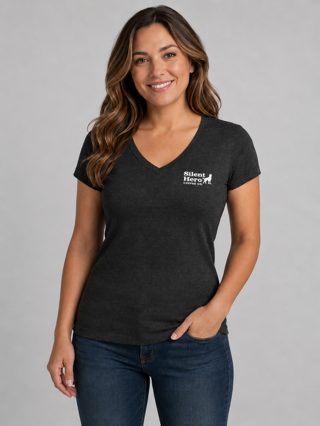 Women's V-Neck Silent Hero Coffee T Shirt